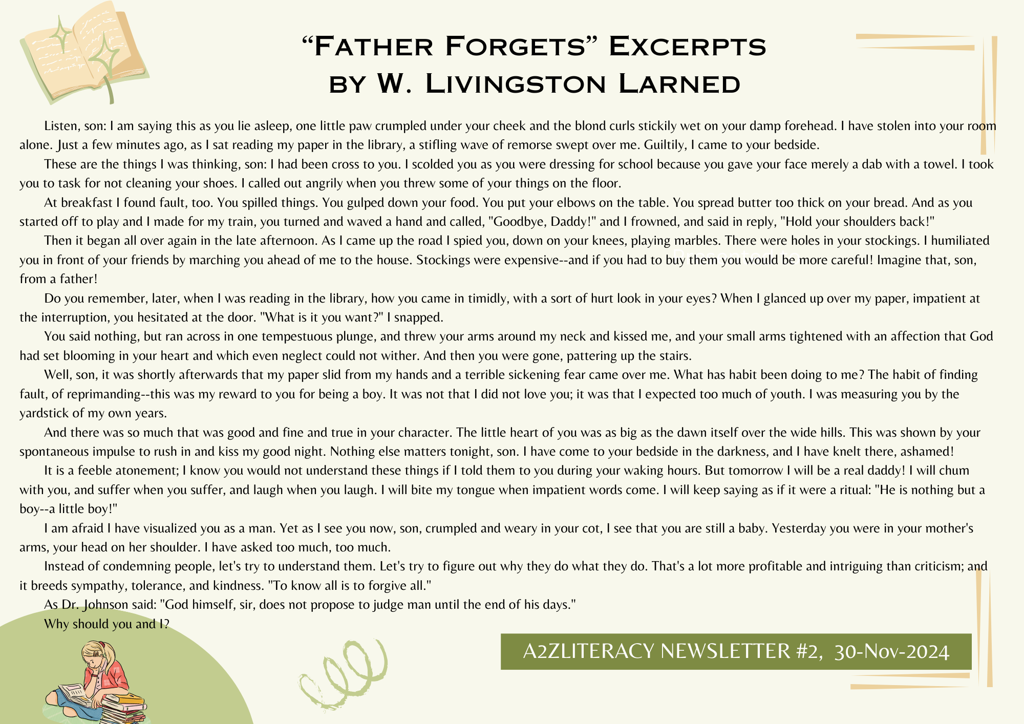 Read more about the article #2 – Newsletter: “Father Forgets” by W. Livingston Larned